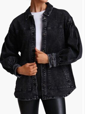 Avec Les Filles Black Acid Wash Denim Shacket